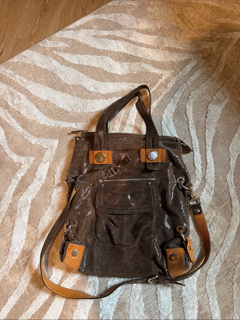 b. makowsky Brown Crossbody Tote with Tan Leather Accents